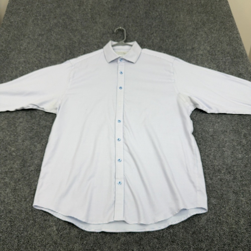 Twillory Dress Shirt Men 17 32/33 Blue Cotton Houndstooth Traditional Fit Office